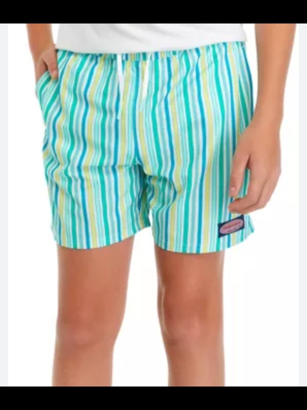 Vineyard Vines Kids Stripe Swim Trunks in Teal, Blue, Yellow, White - Picture 3 of 3